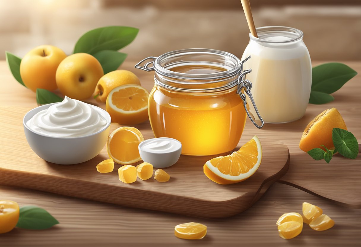 A jar of honey sits on a wooden table, surrounded by fresh fruits and a bowl of yogurt. A drizzle of honey is being poured onto a spoon, ready to be added to the yogurt
