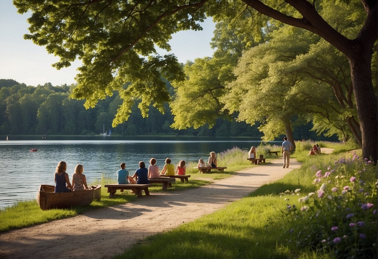 A vibrant lakeside scene with boating, fishing, and picnicking. Families enjoying water sports and sunbathing on the sandy beaches. Lush green trees and colorful wildflowers dot the landscape