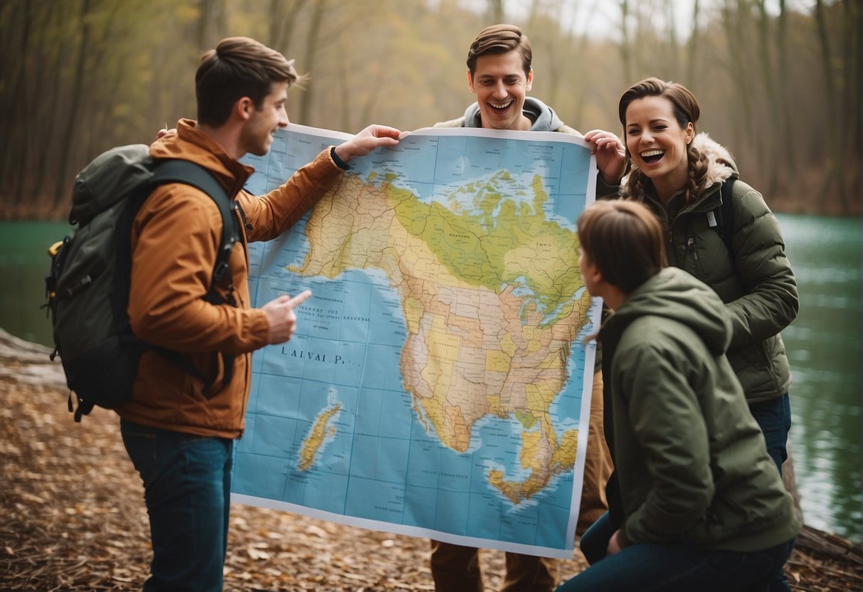A group of friends gather around a map, pointing to different locations on Missouri's lakes. They are excitedly planning their spring break adventure, with boats, fishing, and camping gear scattered around them