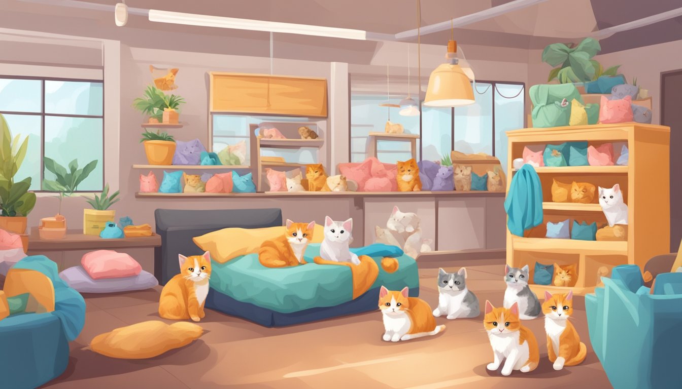 A cozy pet shop in Singapore displays playful kittens in various colors and breeds, with comfortable bedding and toys
