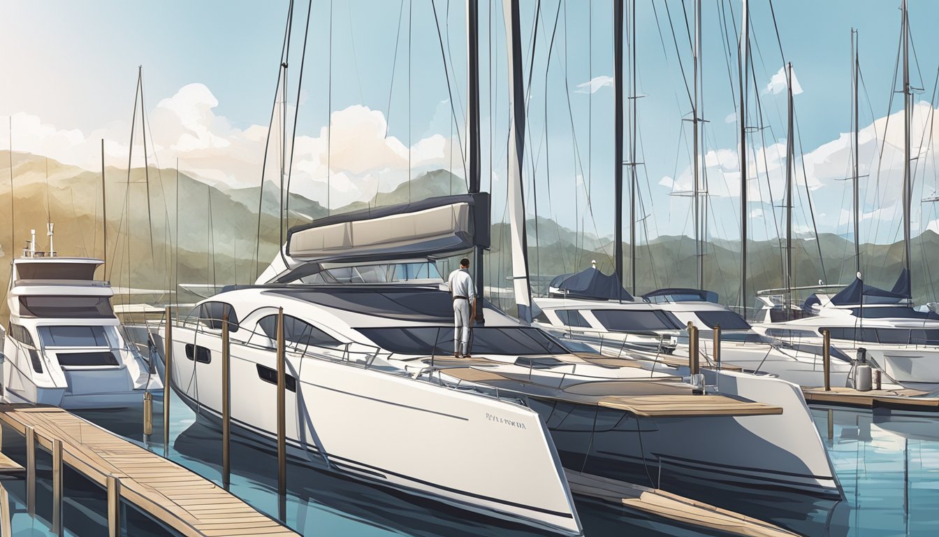 A sleek yacht docked in a pristine marina, with a team of workers performing maintenance and cleaning tasks