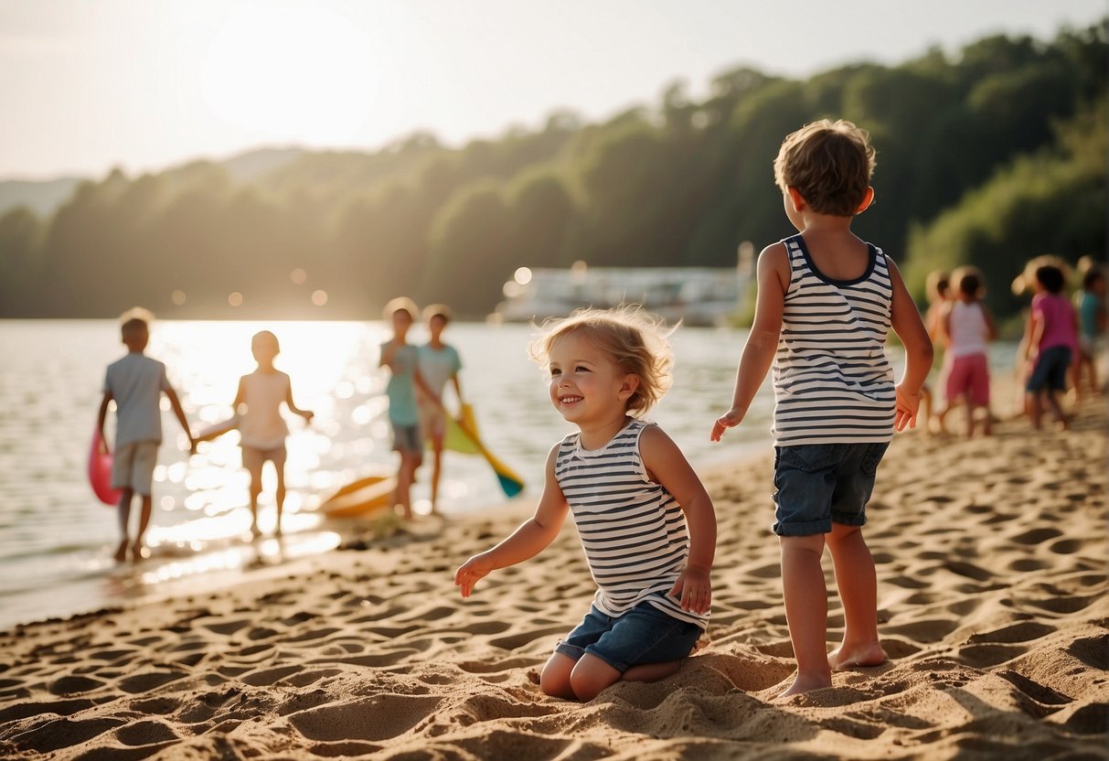 Children laughing and playing on a sandy beach by a picturesque lake, with families enjoying picnics and paddle boating in the background