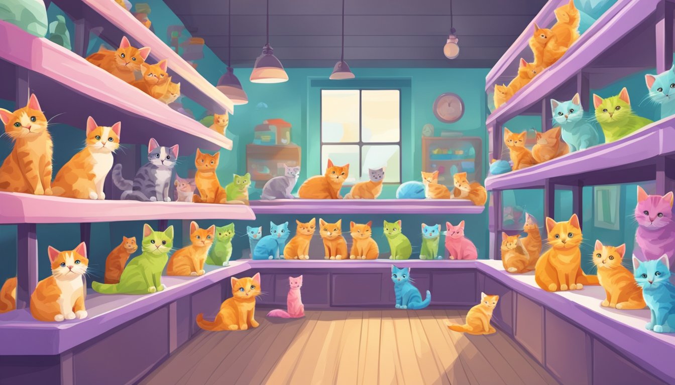 A bright, cozy pet shop with rows of playful kittens in various colors and patterns, eagerly seeking attention from potential adopters
