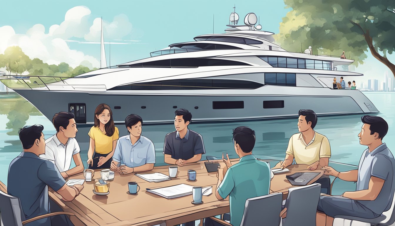 A group of people gathered around a sleek yacht in Singapore, discussing and asking questions about the purchase process