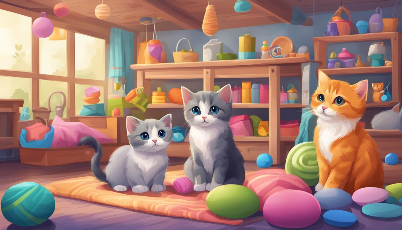 A cozy pet shop with playful kittens in various colors and breeds, surrounded by colorful toys and cozy bedding