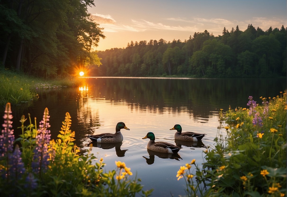 A serene lake surrounded by lush greenery, with colorful wildflowers blooming along the shore. A family of ducks glides peacefully across the water, while the sun sets in the distance, casting a warm glow over the scene