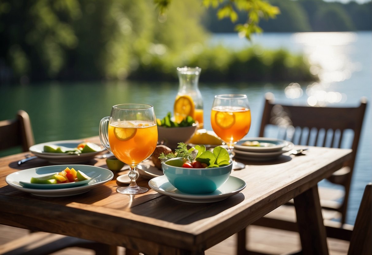A table set with colorful dishes and drinks overlooking a serene lake surrounded by lush greenery, with a warm spring sun shining overhead