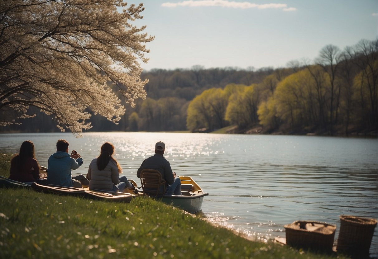 People enjoying boating, fishing, and picnicking on the shores of Missouri's lakes during spring break