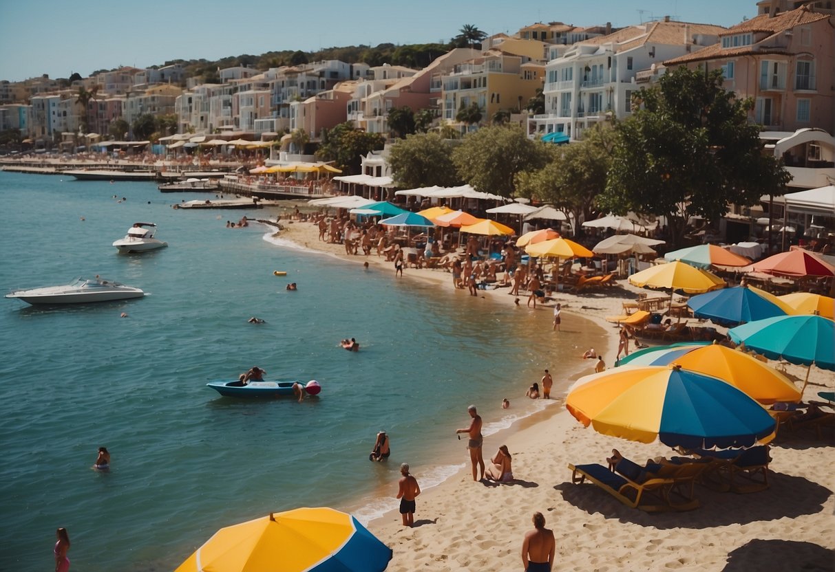 A bustling waterfront with boats, jet skis, and sunbathers. Colorful beach umbrellas and lively music create a festive atmosphere