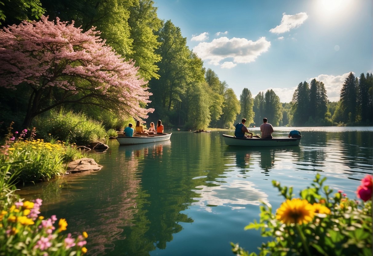 A vibrant lakeside scene with people boating, fishing, and enjoying water sports under the bright sun with lush greenery and colorful flowers in bloom
