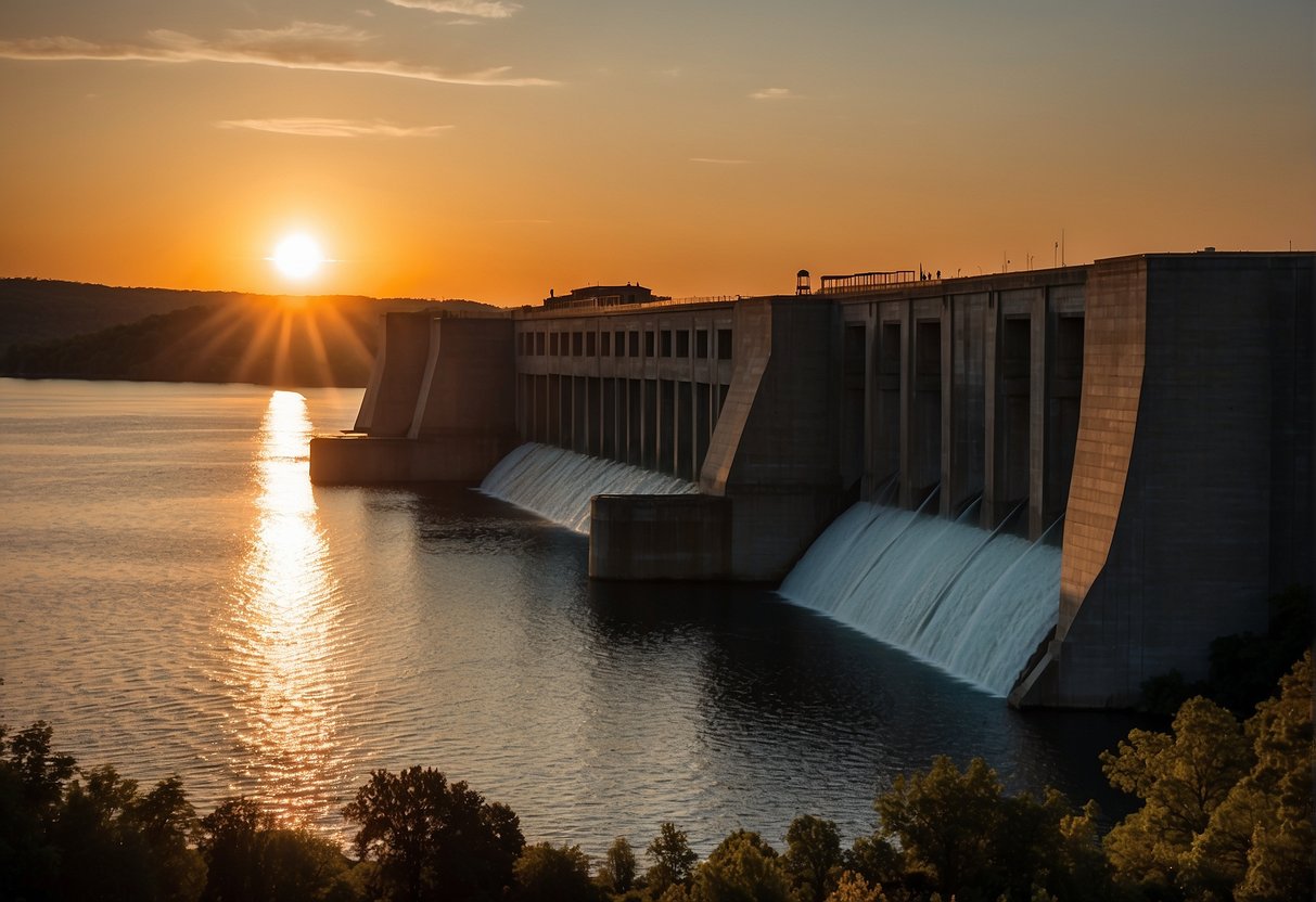 The sun sets behind the iconic silhouette of the Bagnell Dam, casting a warm glow over the historic site on the shores of the Lake of the Ozarks