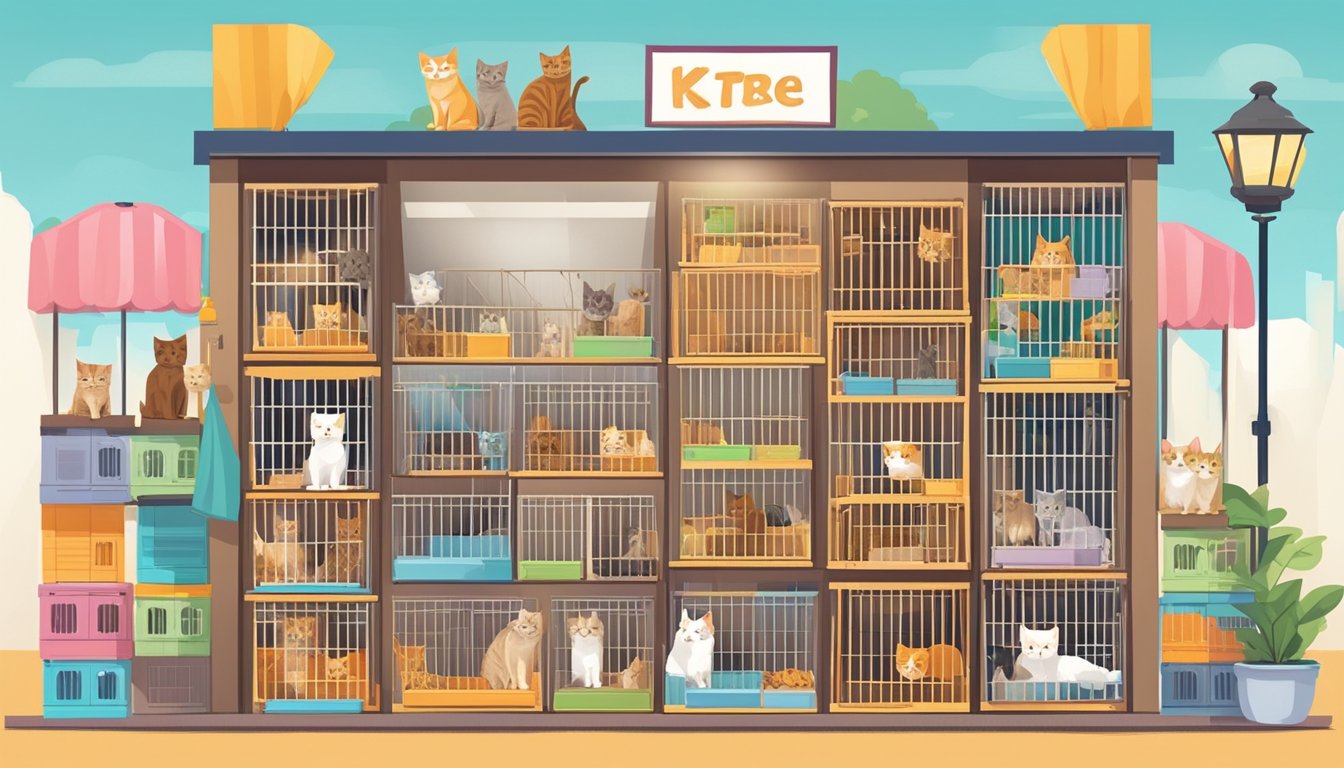 A pet store display with various breeds of kittens in cages, surrounded by colorful signs advertising their availability for purchase in Singapore