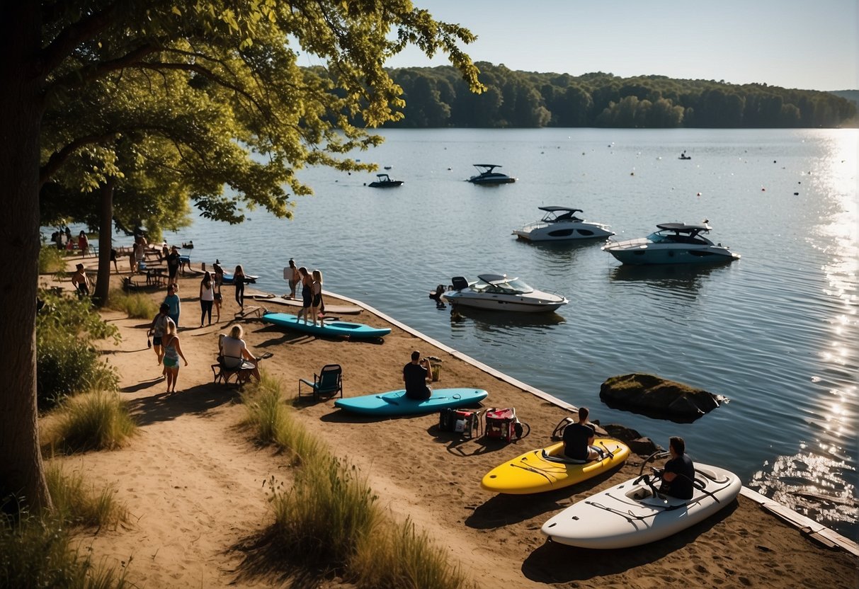 Lakeside scene with boats, jet skis, and paddleboards. People fishing, picnicking, and playing beach volleyball. Bright sun, clear blue skies, and lush greenery