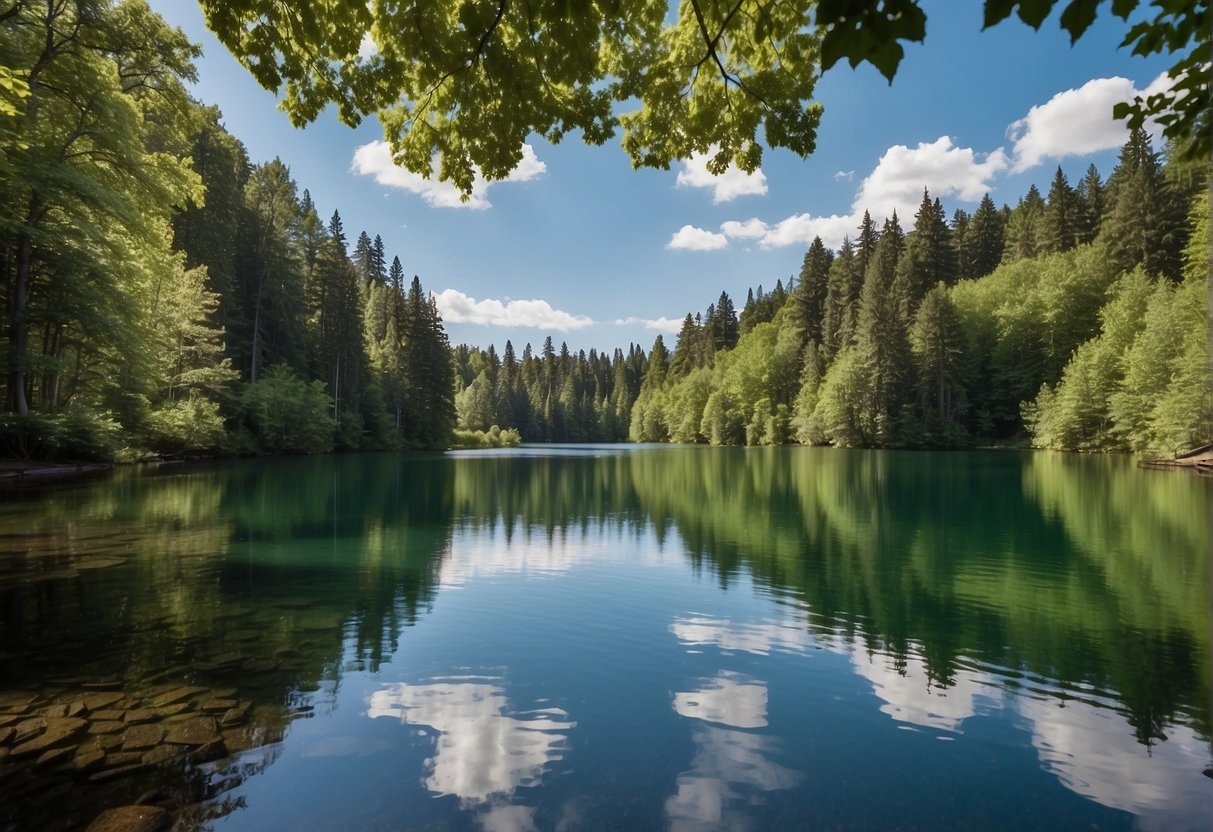 A serene lake surrounded by lush green trees, with colorful wildlife and clear blue skies overhead