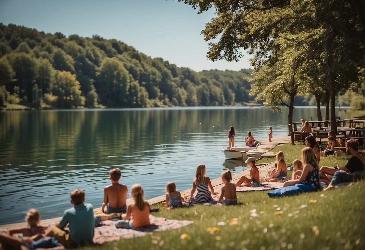 Boats cruising on Missouri's lakes, people swimming and sunbathing on the shores, families picnicking, and kids playing in the water