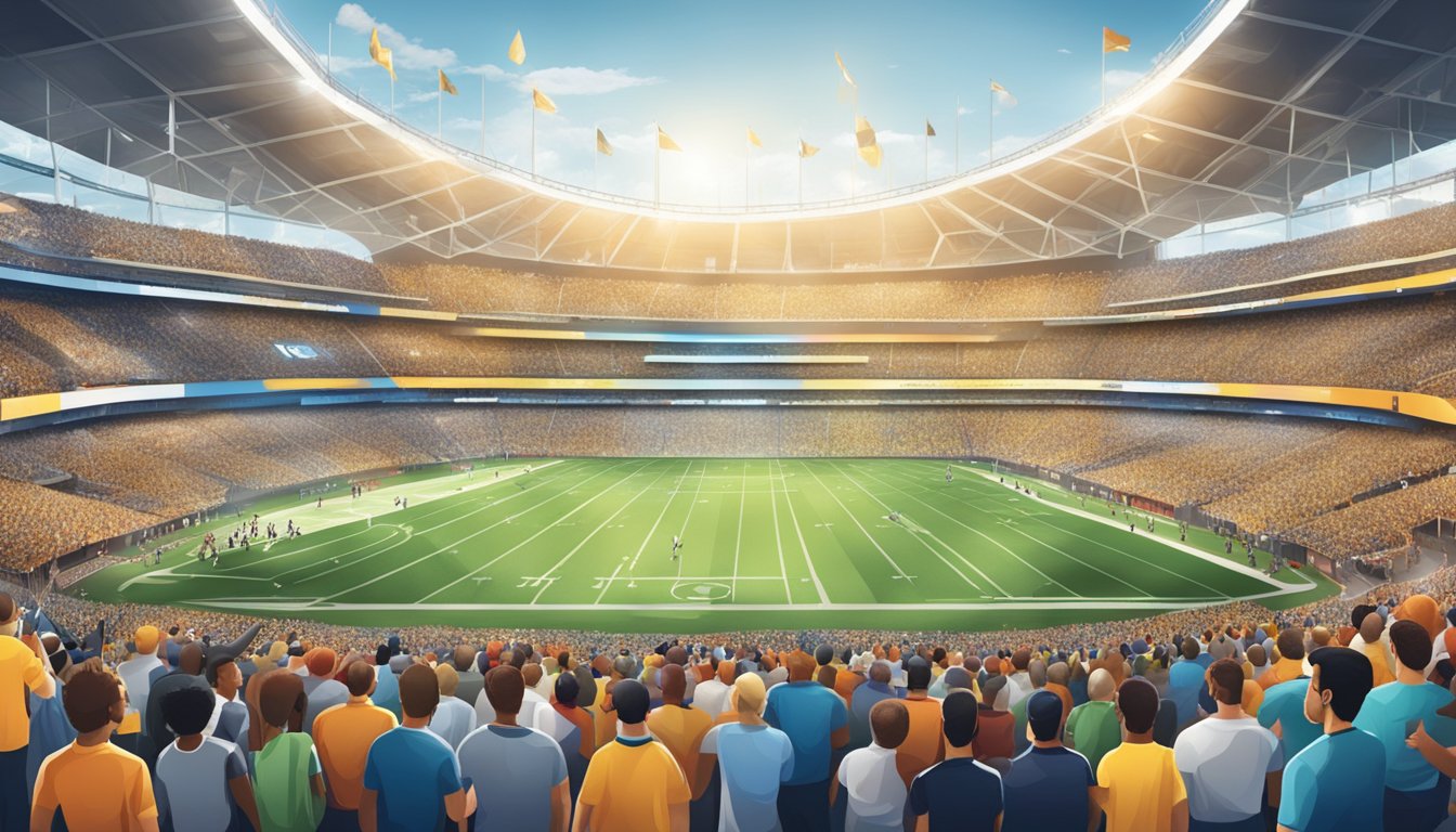 A stadium packed with cheering fans, giant billboards displaying top sports brands, and athletes in action, representing the commercial dynamics in sports