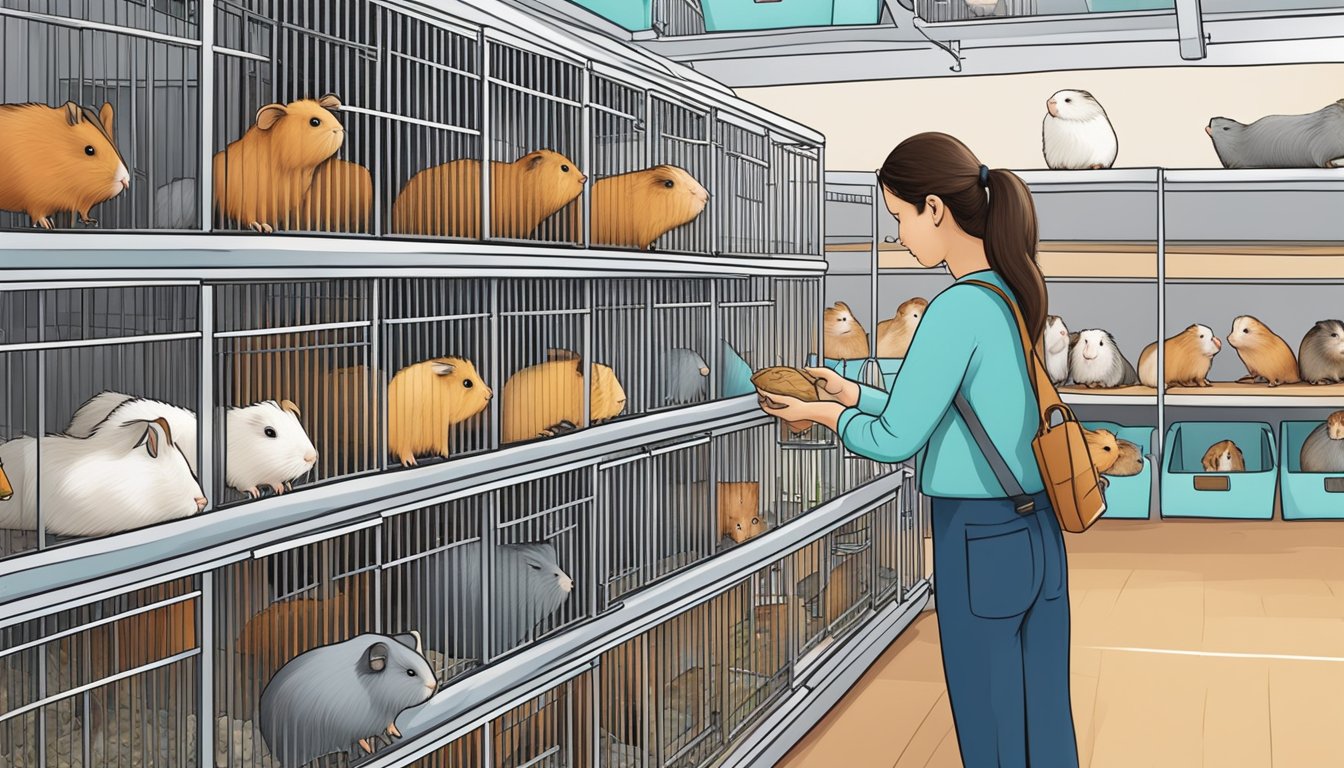A person carefully selects a guinea pig from a variety of cages at a pet store in Singapore
