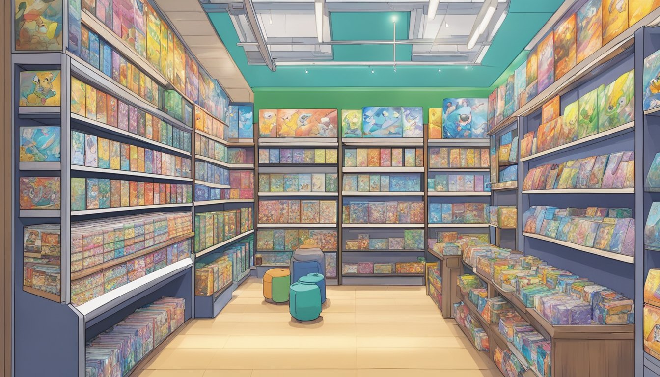 A bustling Pokémon card store in Singapore, with shelves filled with colorful packs and displays of rare cards. Customers browse and chat excitedly