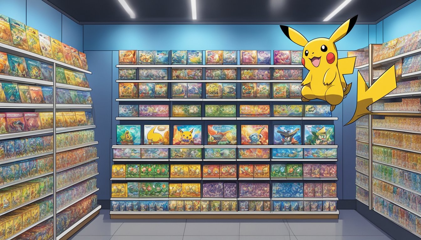 A display of Pokémon TCG cards arranged on shelves in a brightly lit store in Singapore, with colorful packaging and various sets available for purchase
