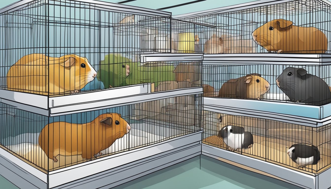 Guinea pigs displayed in cages at a pet store in Singapore, with various breeds and colors available for purchase