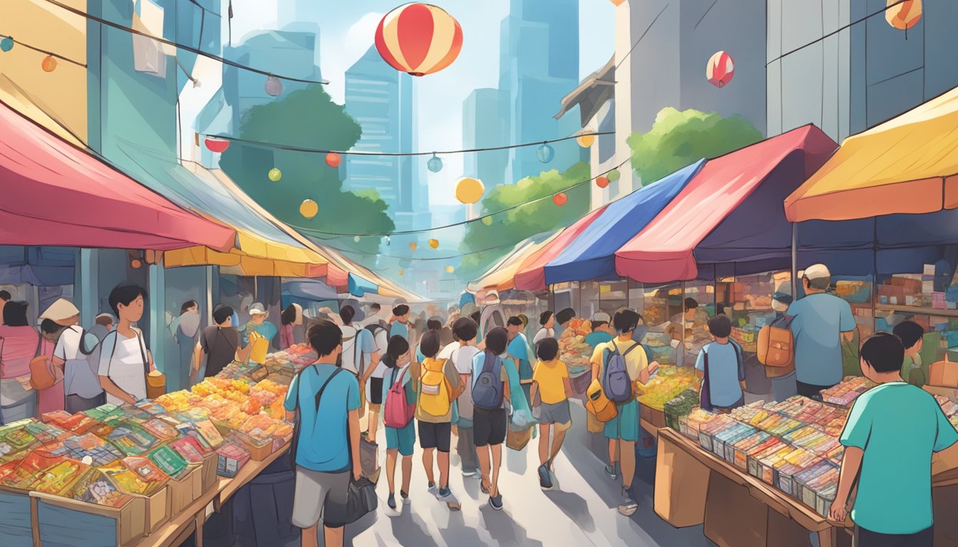 A bustling Singapore street market with colorful stalls selling Pokemon cards