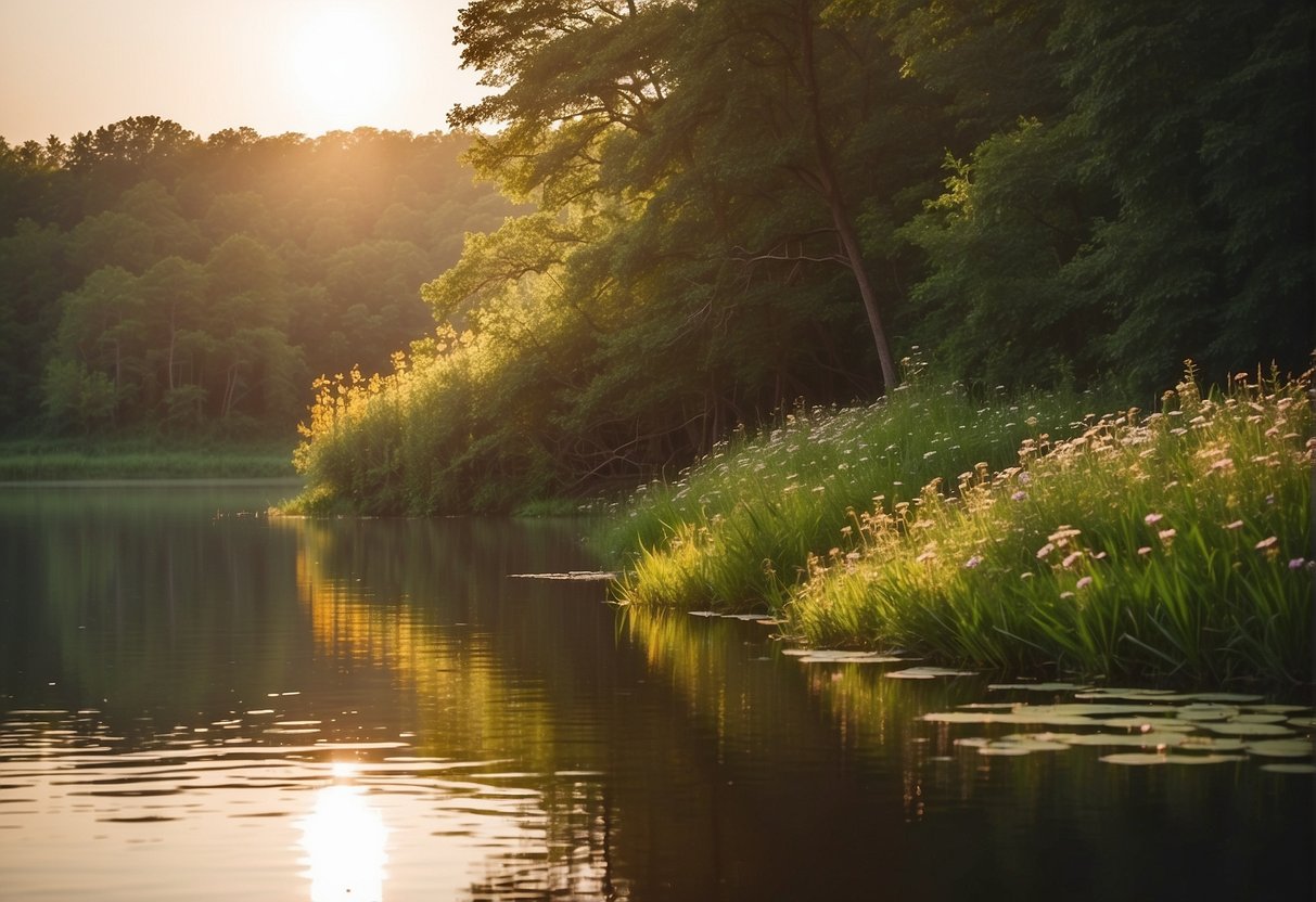 Lush greenery surrounds a serene lake, with vibrant wildflowers in bloom. The sun casts a warm glow over the landscape, creating the perfect setting for photography enthusiasts to capture the beauty of Missouri in spring