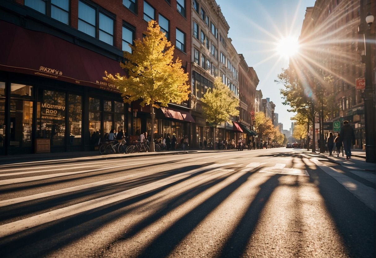 A bustling city street with colorful storefronts and people walking. Tall buildings line the road, and cars drive by. The sky is clear and the sun is shining, casting long shadows on the pavement