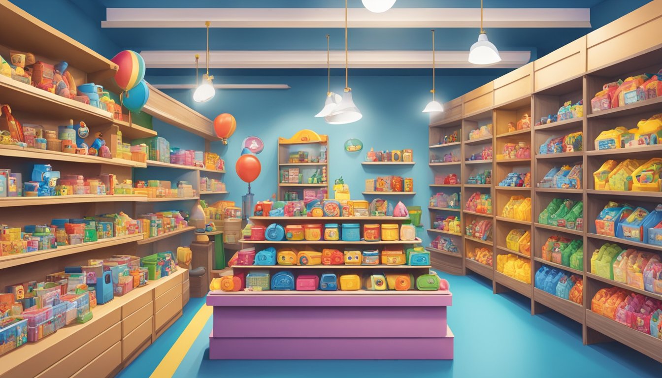 A display of colorful French toy brands arranged on shelves in a charming boutique setting