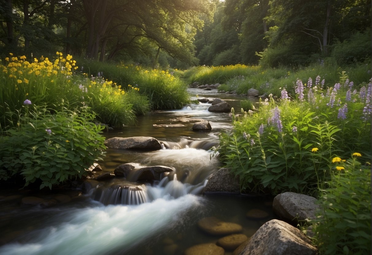 Lush greenery surrounds a tranquil stream, with vibrant wildflowers blooming along the banks. A variety of birds and small animals can be seen in their natural habitat, creating a perfect opportunity for wildlife photography