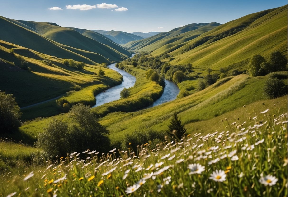Lush green hills roll into the distance, dotted with wildflowers and framed by a clear blue sky. A winding river cuts through the landscape, reflecting the sunlight. Tall trees stand proudly, creating a sense of serenity and adventure