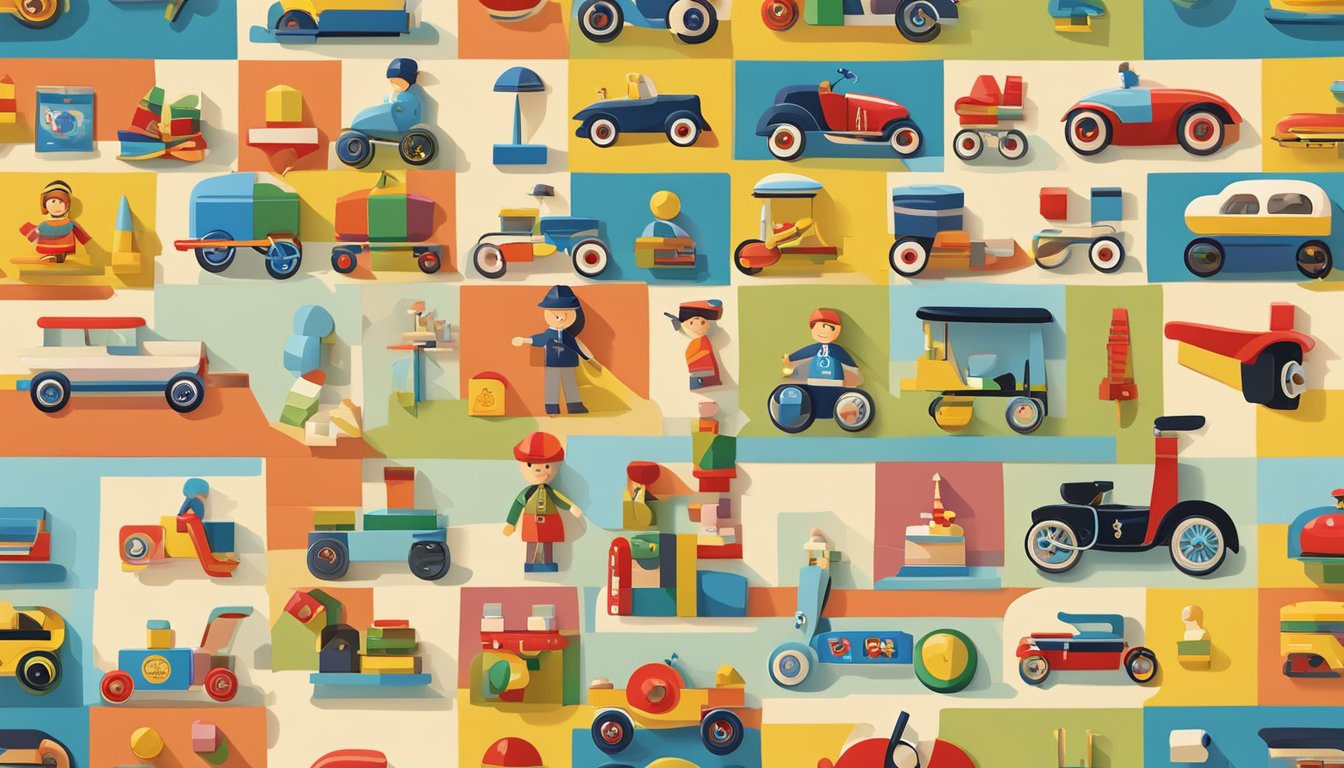 A display of iconic French toy brands, including colorful wooden blocks, vintage tin toys, and traditional dolls, showcasing the rich heritage of French toy-making