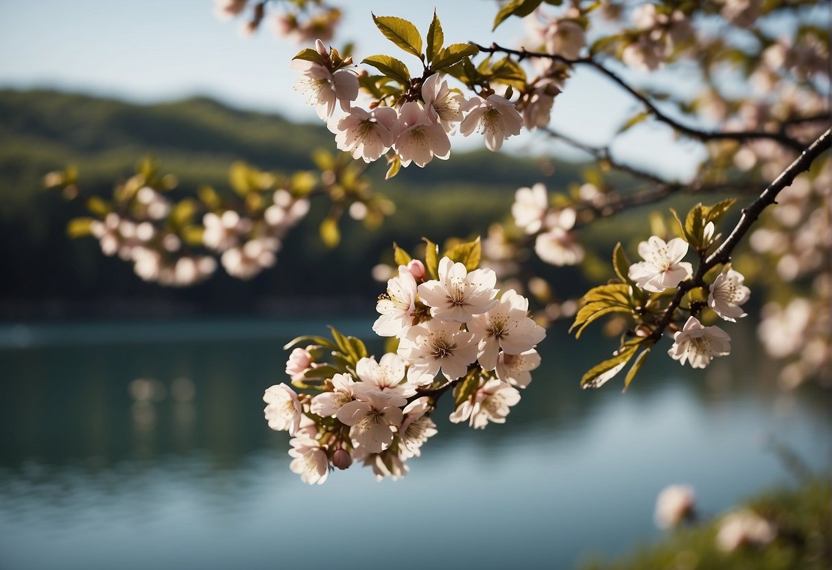 A blooming cherry blossom tree stands against a backdrop of a serene lake and rolling hills, capturing the essence of Missouri's natural beauty