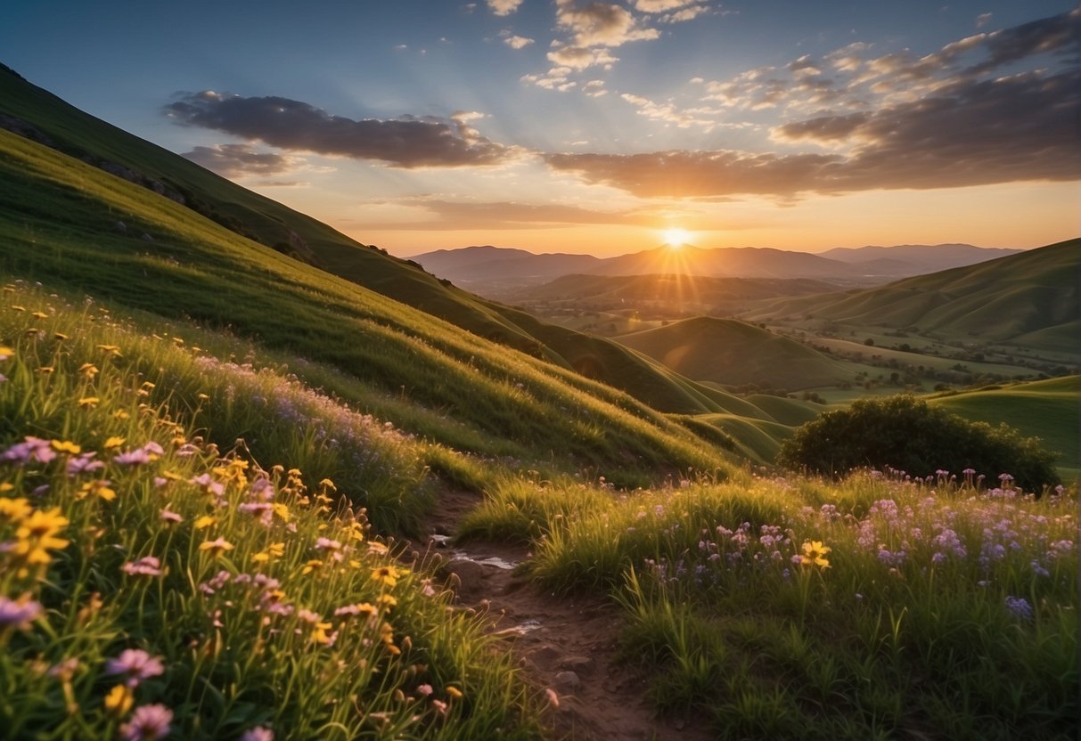 Lush green hillsides dotted with colorful wildflowers, a flowing river cutting through the landscape, and a picturesque sunset over the horizon
