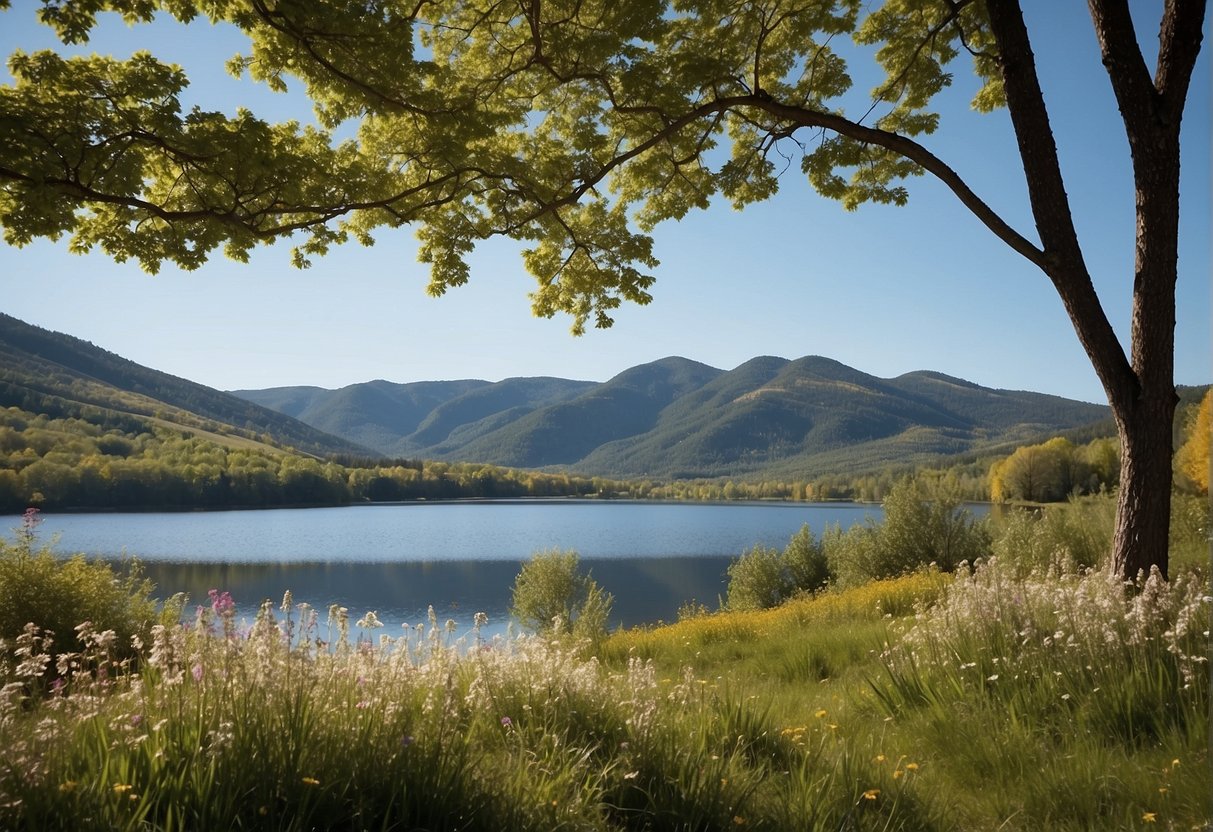 A serene lake reflects the vibrant colors of spring foliage, framed by rolling hills and a clear blue sky. Wildflowers dot the landscape, creating the perfect setting for photography enthusiasts