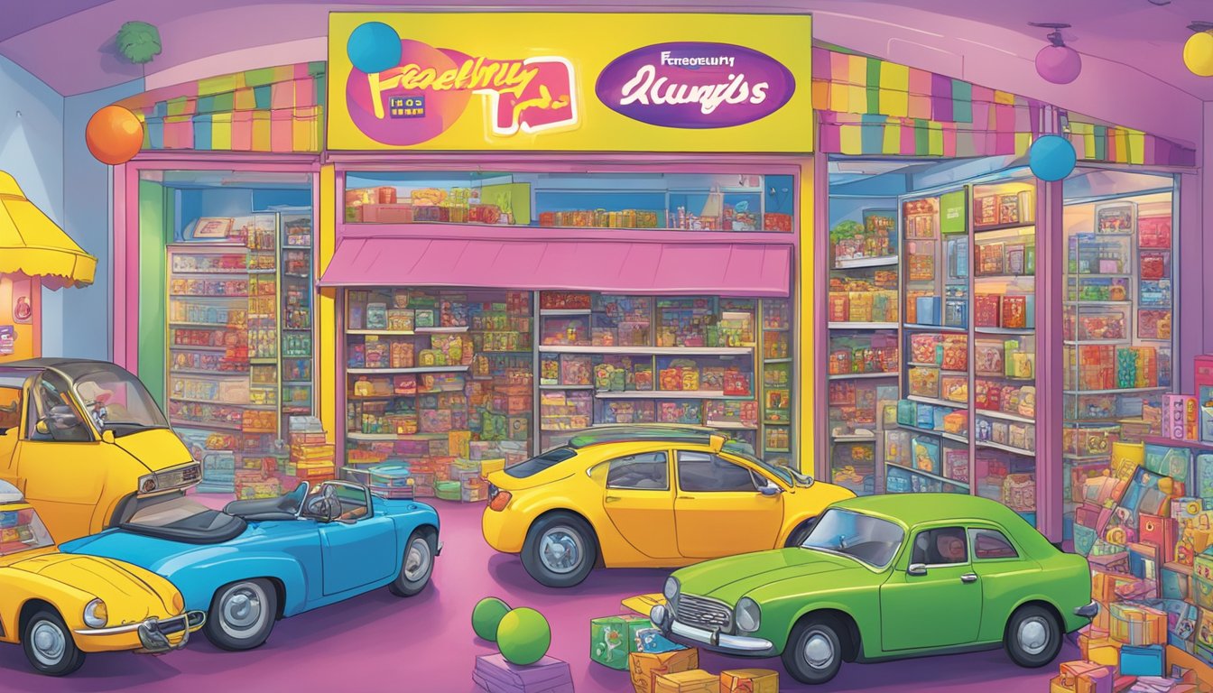A colorful display of French toy brands with a "Frequently Asked Questions" sign