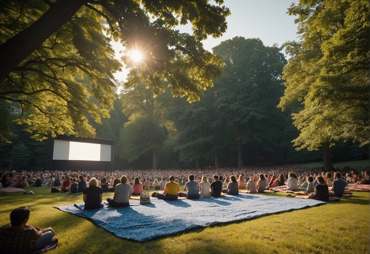 A stage is set in a lush park, surrounded by trees and blooming flowers. The audience sits on colorful blankets and chairs, enjoying a live theater performance under the open sky