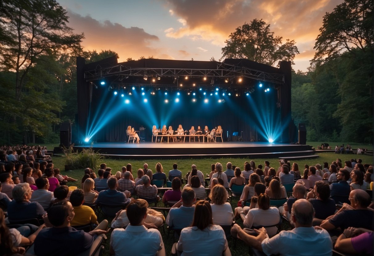 Audience seated in open-air theater surrounded by lush greenery. Stage set with colorful props and backdrop. Evening sky beginning to darken as lights illuminate the performance space