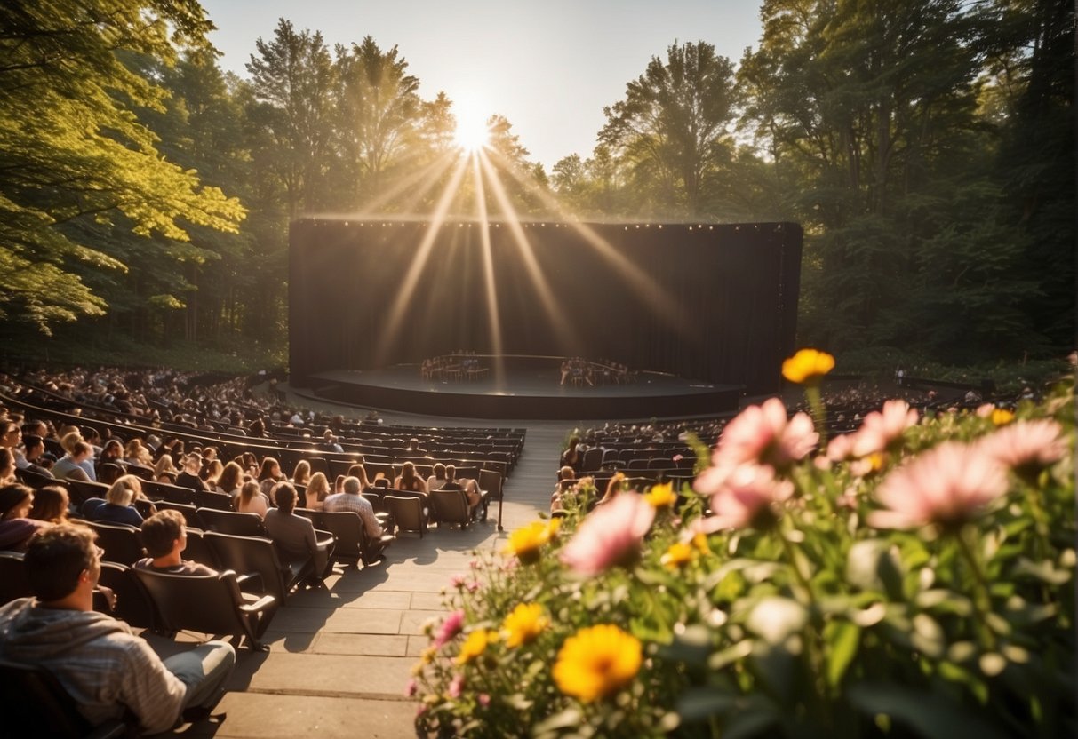 A colorful outdoor theater stage set against a backdrop of blooming flowers and vibrant greenery. The sun is shining, and the audience is seated in a natural amphitheater, eagerly anticipating the upcoming spring performances