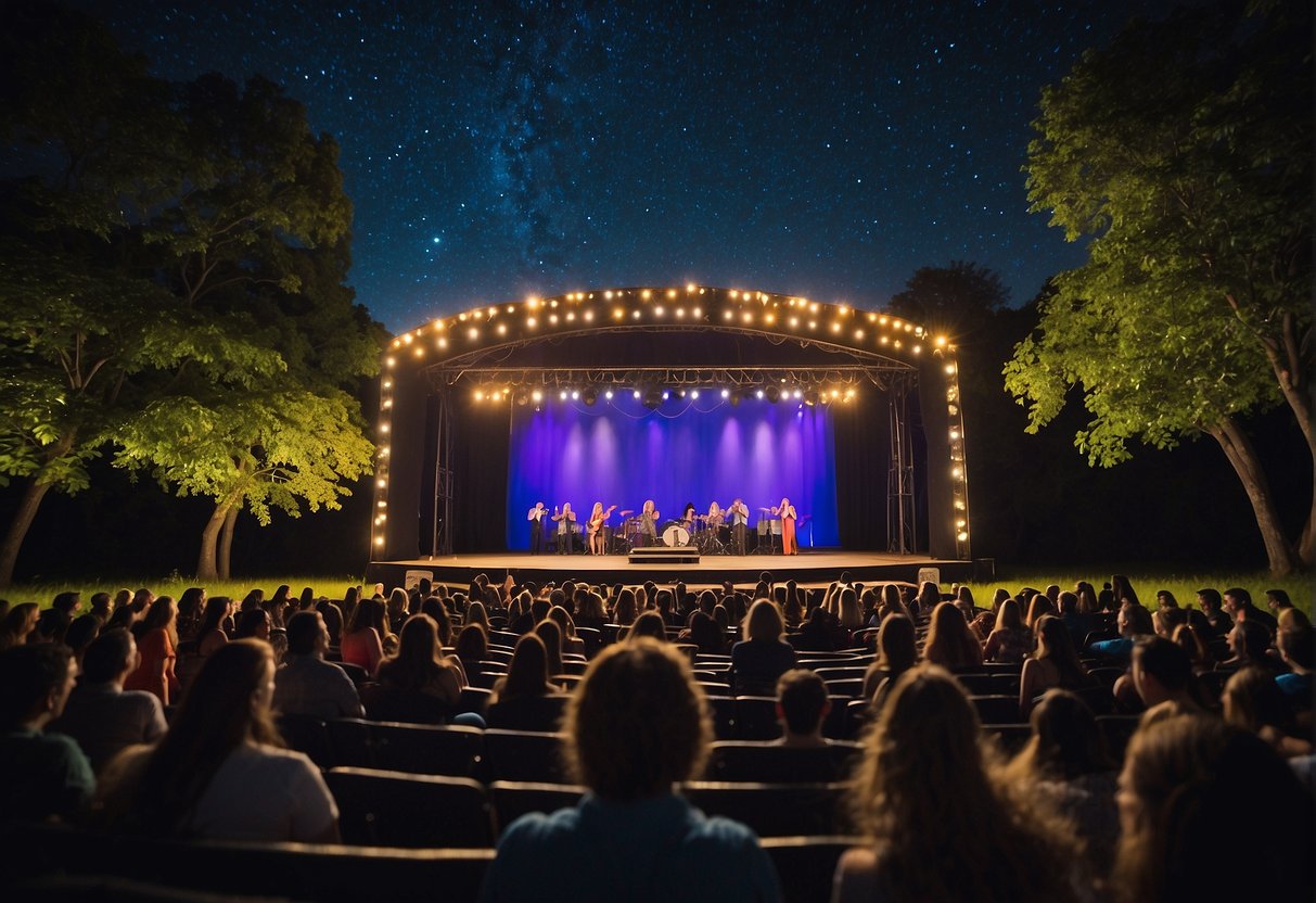 A lively outdoor theater performance in Missouri, with a colorful stage set against a backdrop of lush greenery, under a starry night sky