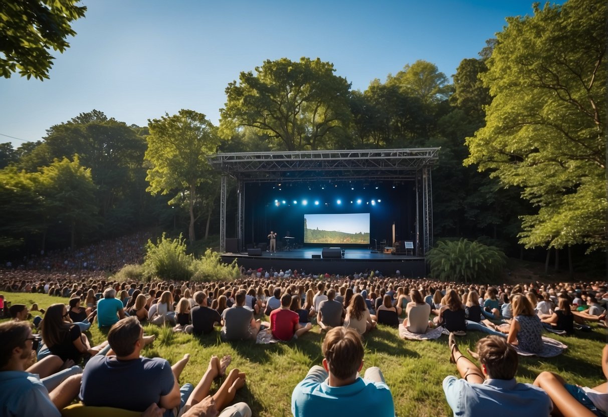 A vibrant outdoor theater stage surrounded by lush greenery, with a clear blue sky overhead and a diverse audience seated on blankets and chairs, eagerly awaiting the start of a performance
