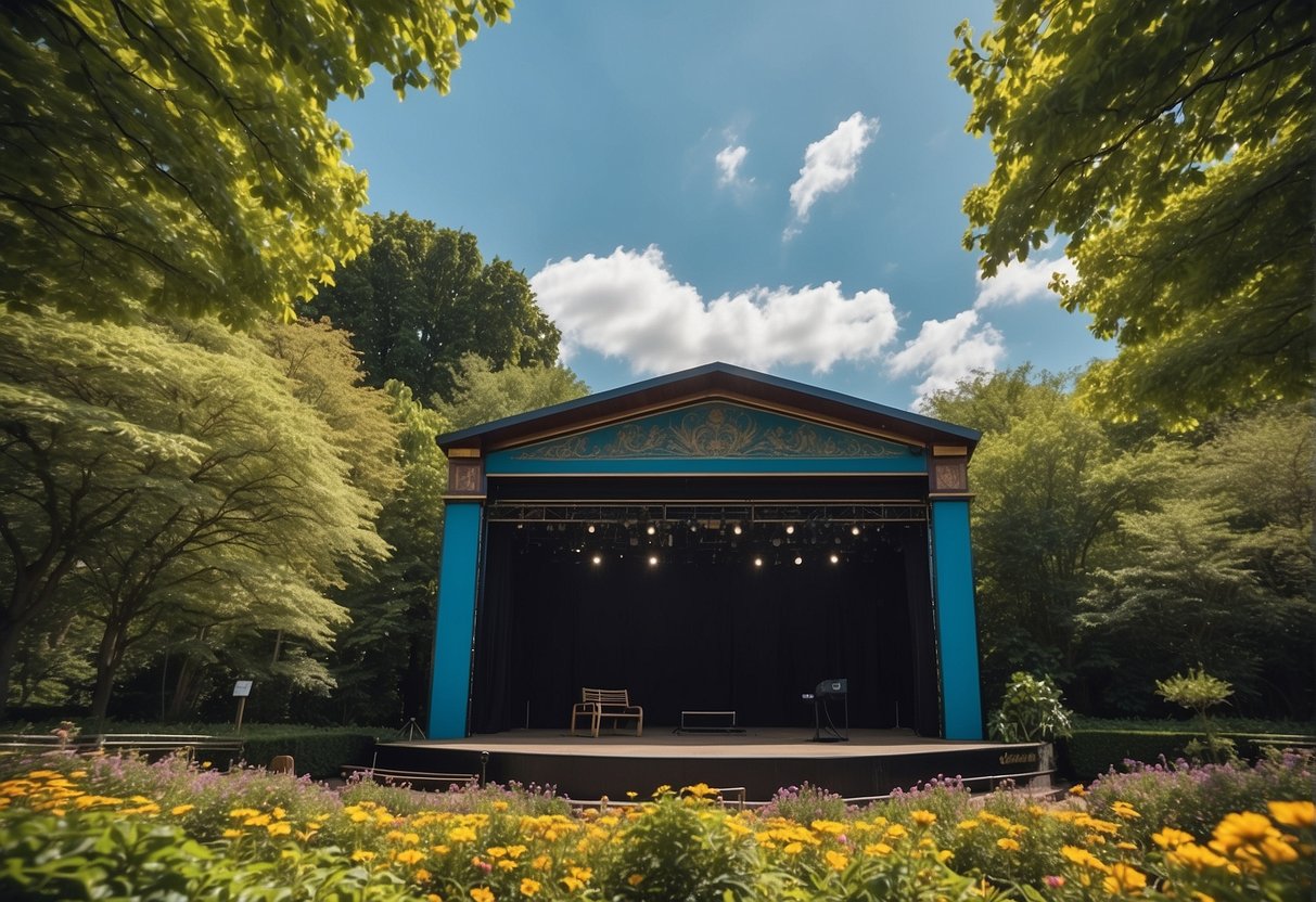 A vibrant outdoor theater stage set against a backdrop of lush green trees and blooming flowers, with a clear blue sky overhead