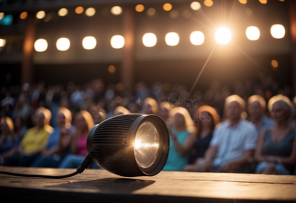 A spotlight shines on a Missouri theater stage, set outdoors for a spring performance. The audience area is filled with eager spectators, enjoying the open-air show