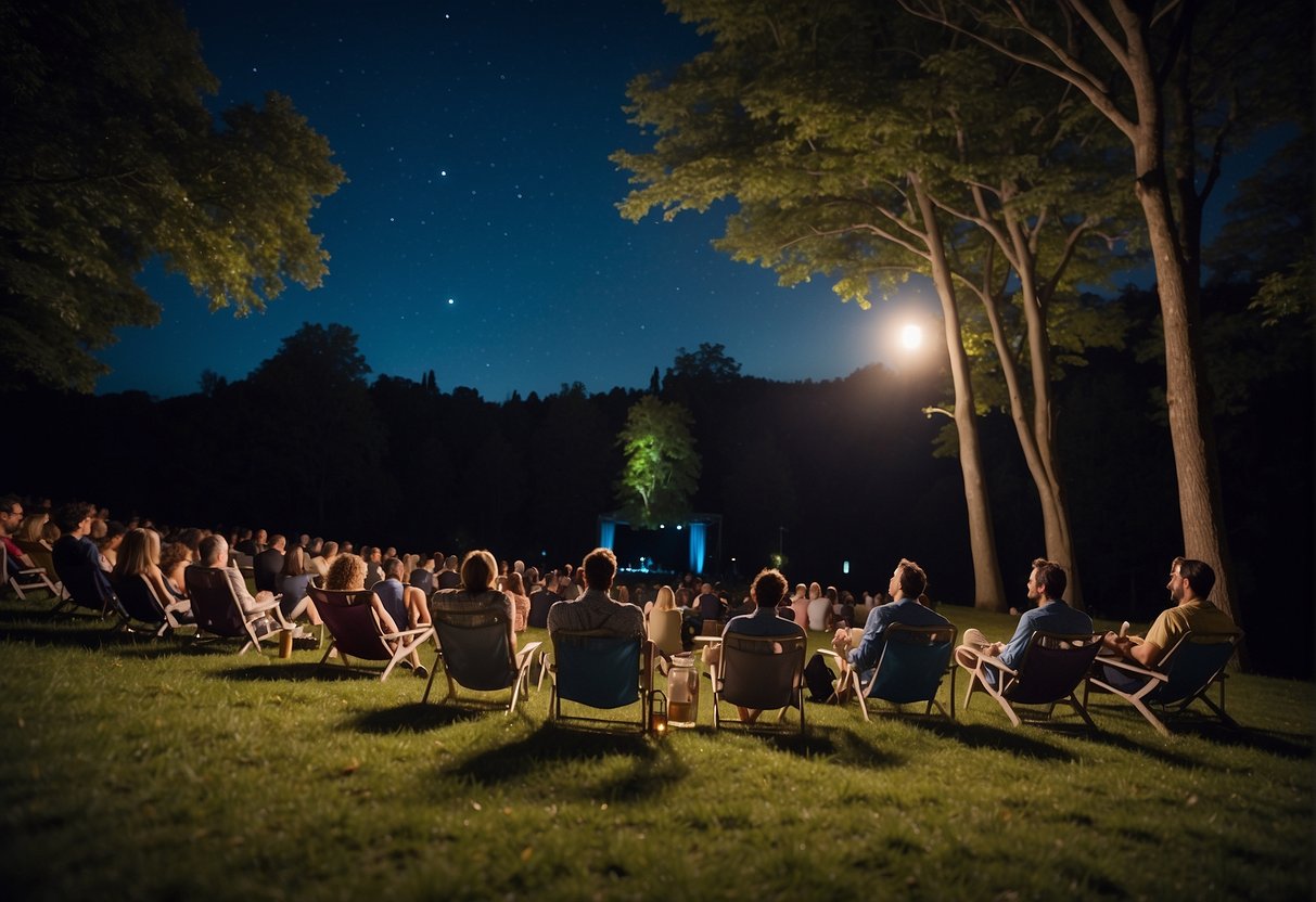 Audience members sit on blankets and lawn chairs, watching a live theater performance under the night sky. The stage is illuminated, surrounded by trees and nature