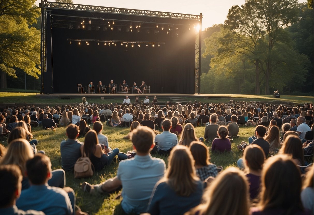 A stage is set outdoors with a backdrop of trees. The audience sits on grassy slopes, enjoying a theater performance in Missouri in the spring