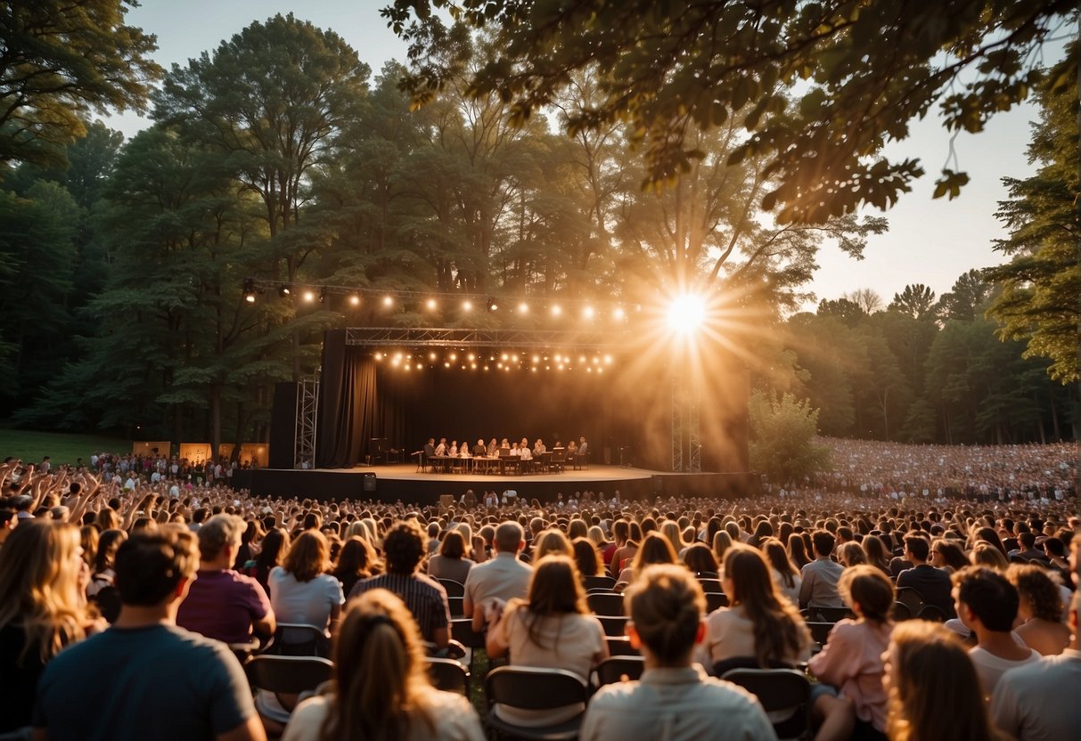 The stage is set in a lush outdoor amphitheater, surrounded by towering trees and blooming flowers. A vibrant sunset casts a warm glow over the excited audience as they eagerly await the start of the performance