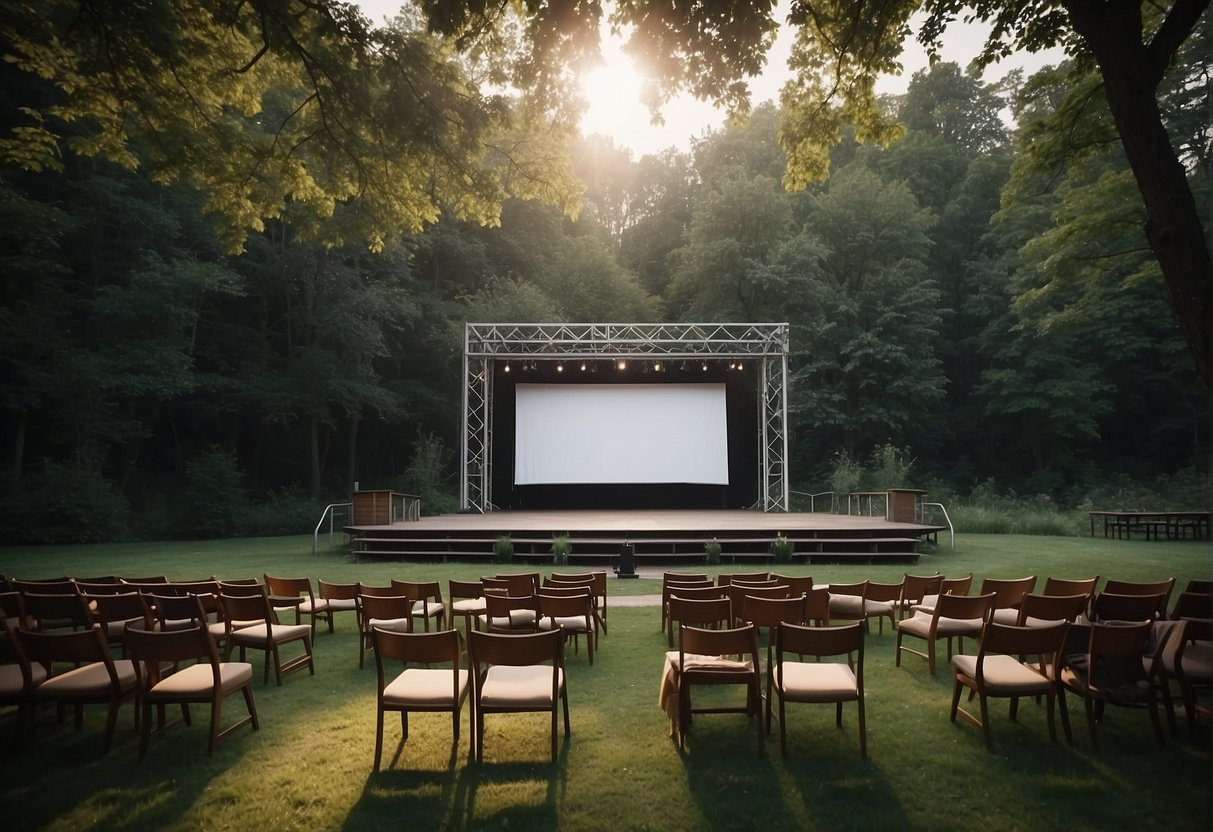 A stage set in a lush outdoor setting with a backdrop of trees and a clear sky. Chairs and blankets are spread out for the audience to enjoy the performance
