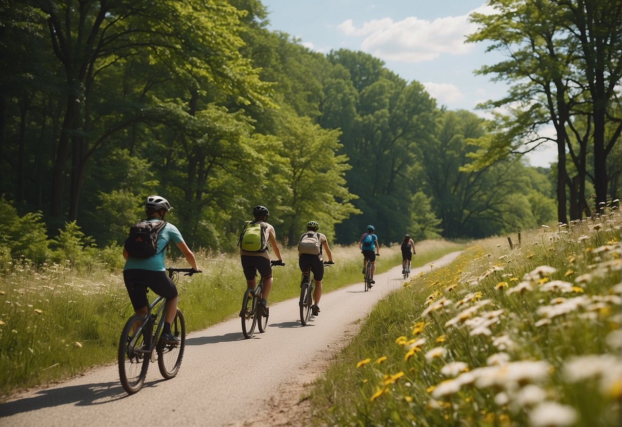 Families biking on scenic trails in Missouri, surrounded by lush greenery and blooming wildflowers on a sunny spring day