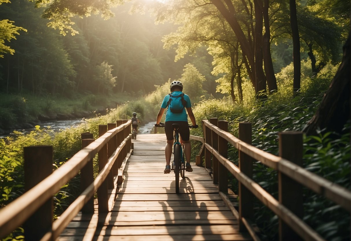 Families biking through lush green forests, crossing wooden bridges over babbling streams, with the sun shining and birds chirping in the background