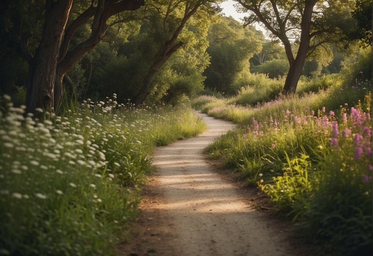 A winding trail cuts through lush greenery, leading to a serene lake. Colorful wildflowers bloom along the path, while families bike together in the distance