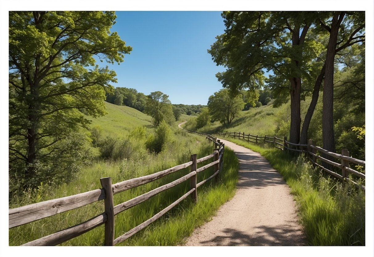 A peaceful stretch of the Missouri Trail winds past a historic site, with lush greenery and a clear blue sky overhead. The trail is surrounded by natural beauty, making it an ideal spot for family biking outings in the spring